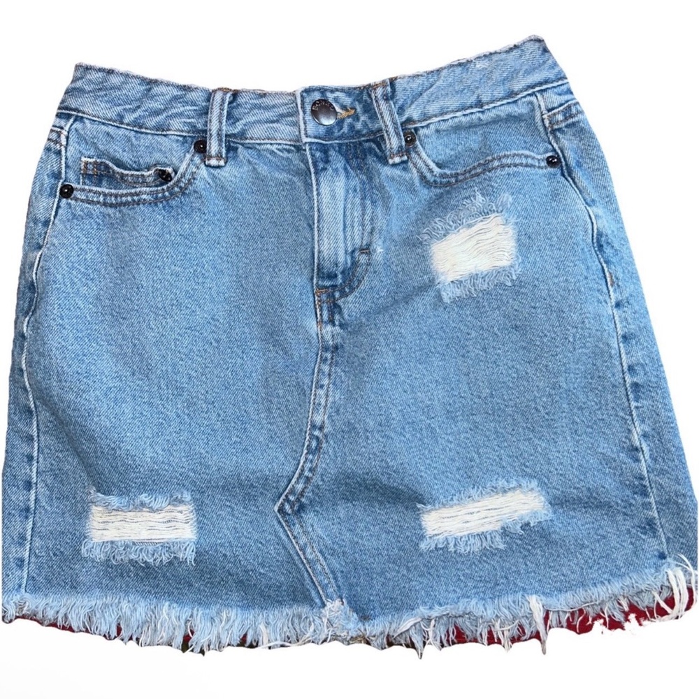 BONGO DISTRESSED DENIM MINI SKIRT, ZIP, 5 POCKETS, LIGHT WASH, SZ SMALL VTG